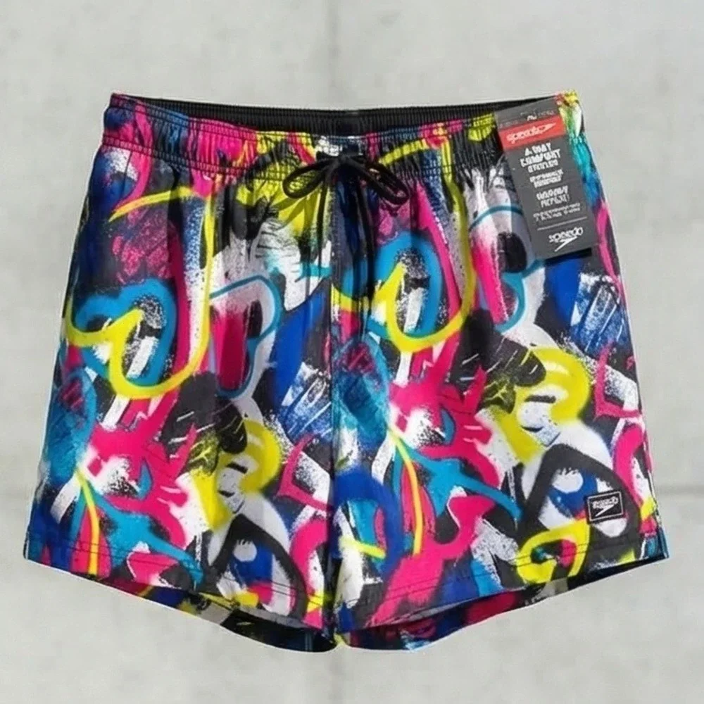 Speedo Mens‎ XL Volley Swim Trunks Purple Abstract Graffiti 4-Way Stretch NWT